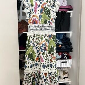 Farm Rio, white summer garden maxi dress, size L